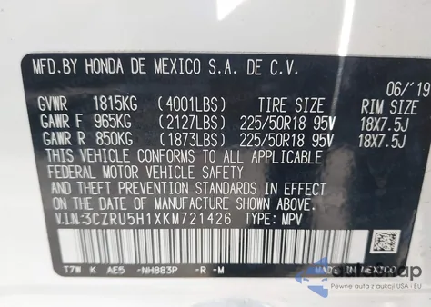 2019 Honda Hr-V Sport z USA, uszkodzony, nr VIN 3CZRU5H1XKM721426